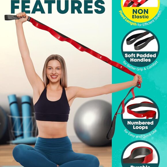 Stretching Strap with Loops - Non Elastic Stretch Band for Physical Therapy, Yog - Picture 3 of 9